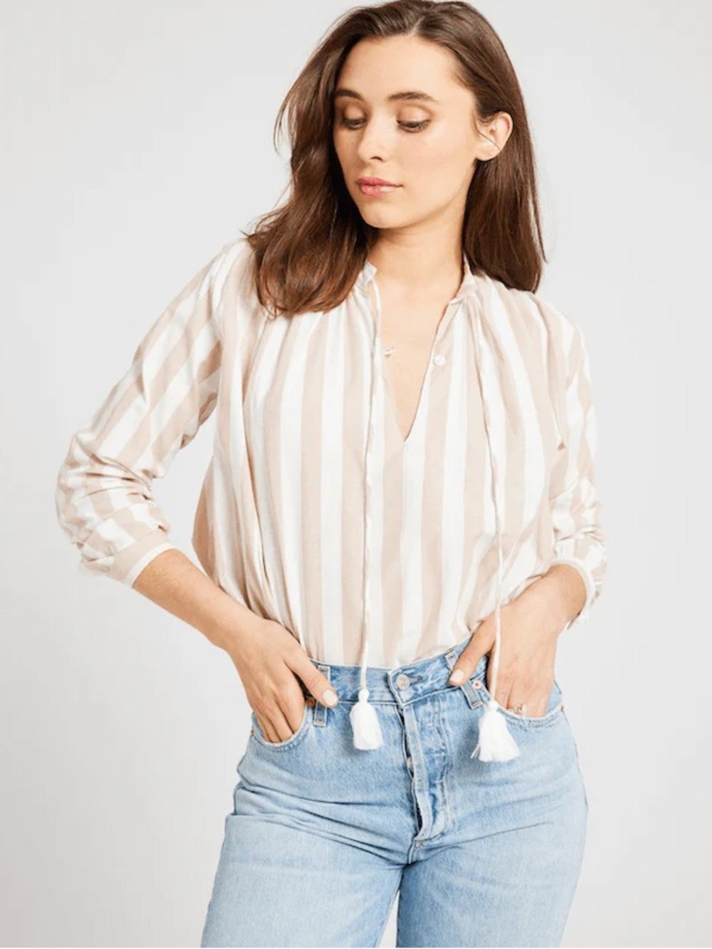 Mille Joni Cotton Tassel Top Cappuccino Stripe Size XS NWOT Resort Blouse